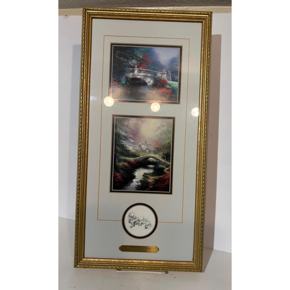 Vintage 1996 Thomas Kinkade Romantic Bridges Print in Golden Frame COA Included
